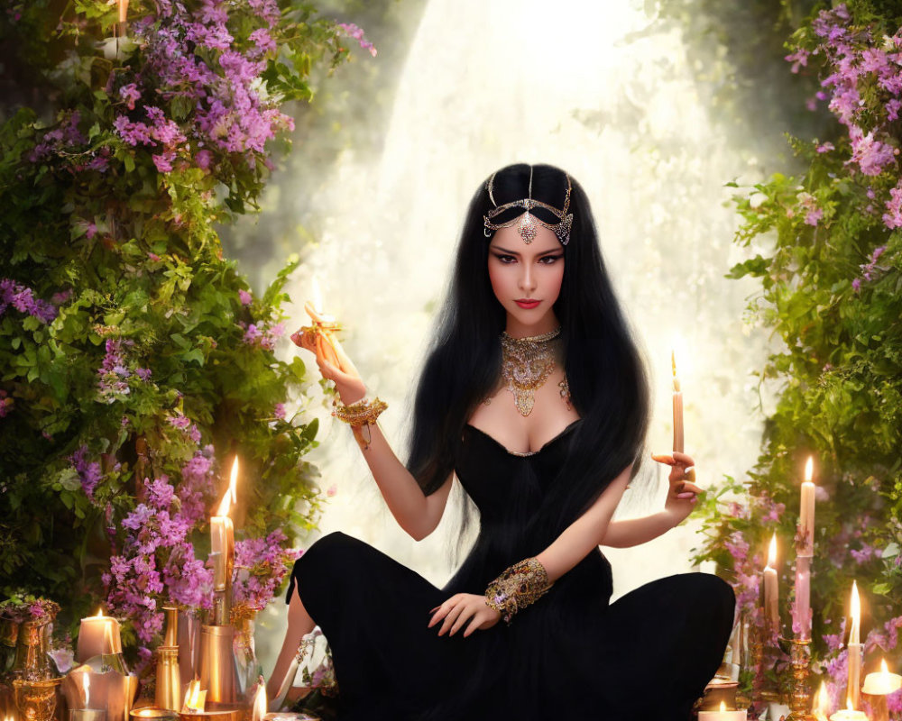 Dark-haired woman in black attire surrounded by candles and purple flowers in mystical setting