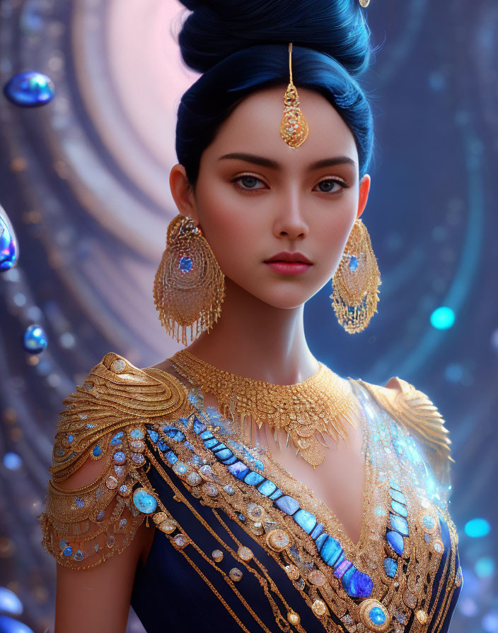 Elegant woman in gold and blue attire with ornate jewelry in digital art portrait