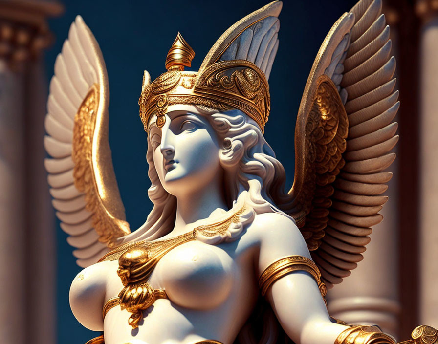 3D Rendered Winged Female Warrior Statue in Golden Armor