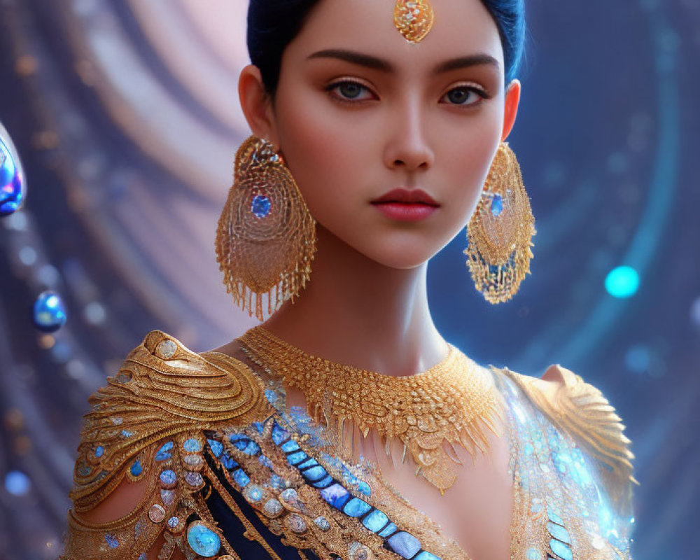 Elegant woman in gold and blue attire with ornate jewelry in digital art portrait