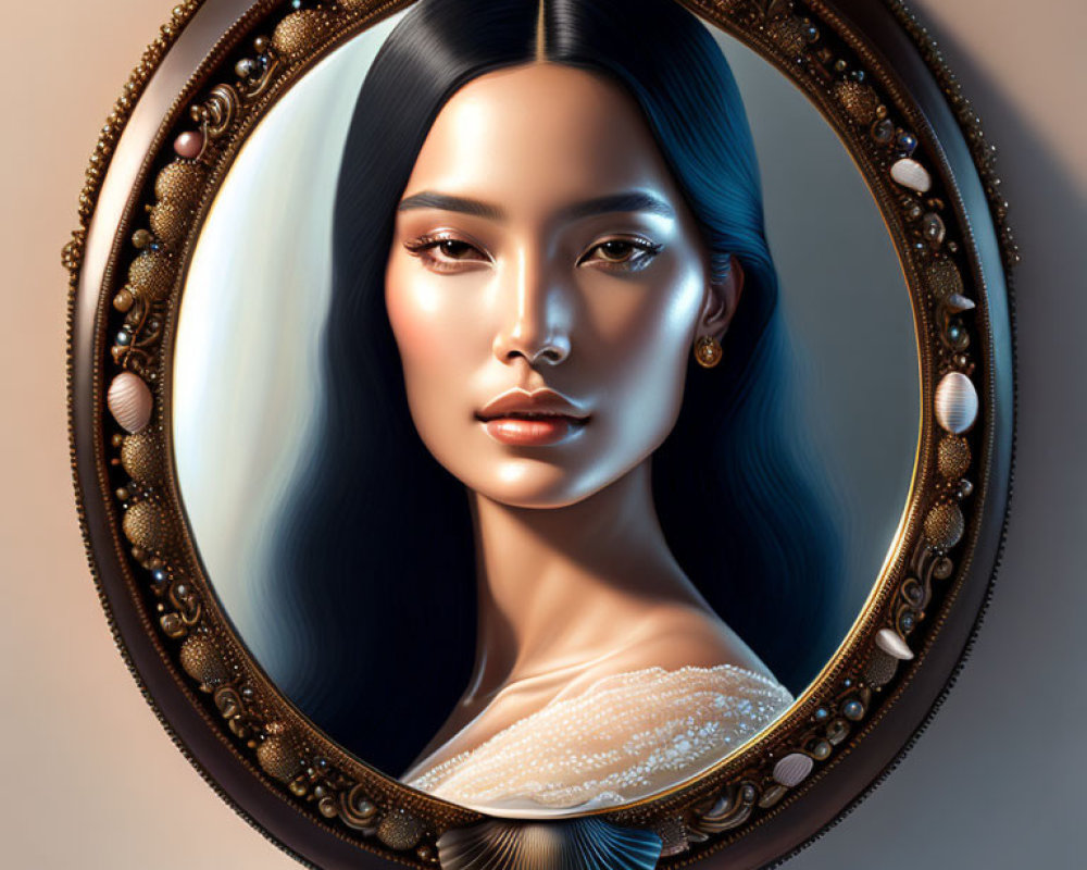 Detailed Digital Portrait of Woman with Black and White Hair in Ornate Oval Mirror