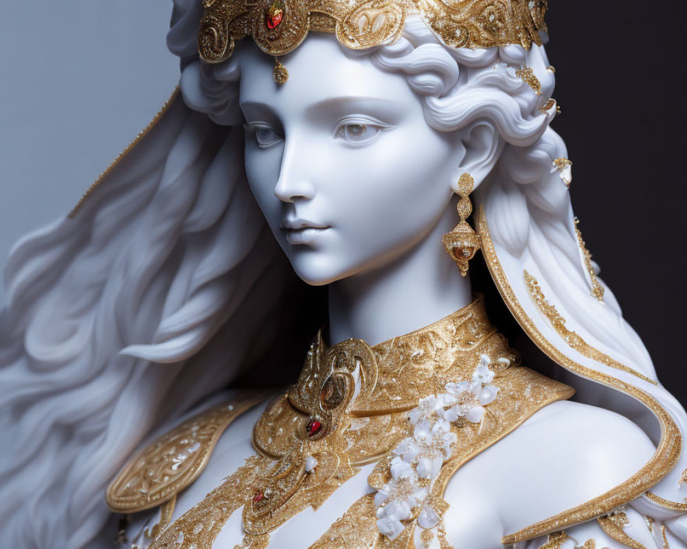 Regal character figure with gold headpiece, earrings, and floral armor on gray background