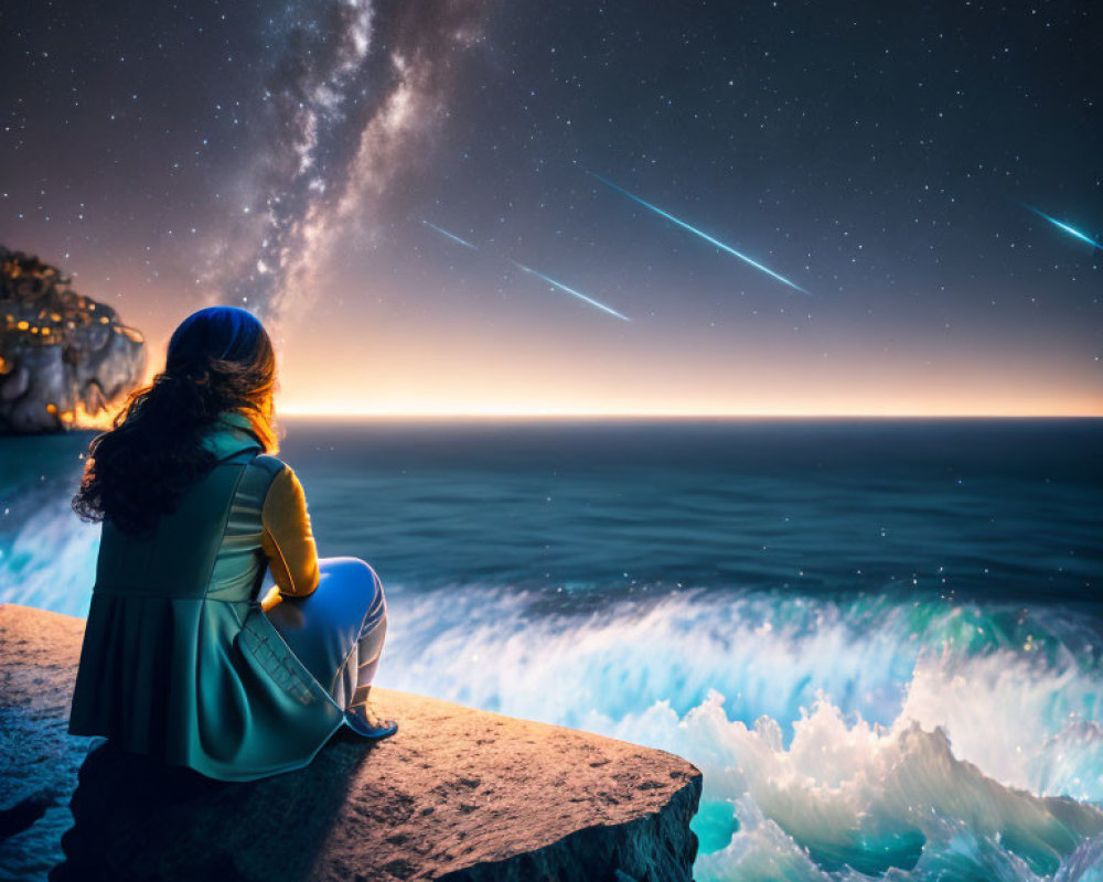 Person admires starry night sky over ocean waves on cliff edge