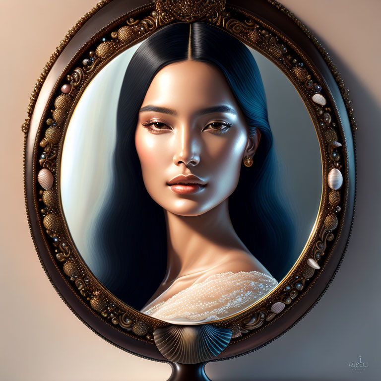 Detailed Digital Portrait of Woman with Black and White Hair in Ornate Oval Mirror