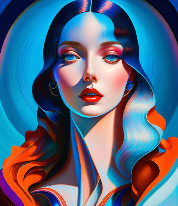 Vibrant blue hair woman in red-orange outfit on circular blue background