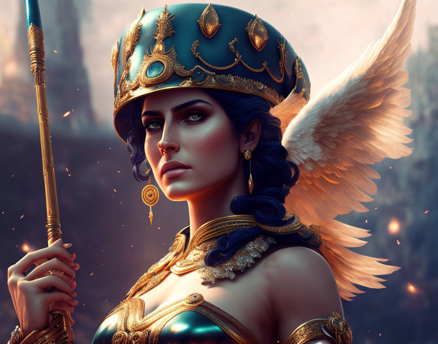 Regal female warrior with angelic wings and golden helmet in ornate armor.