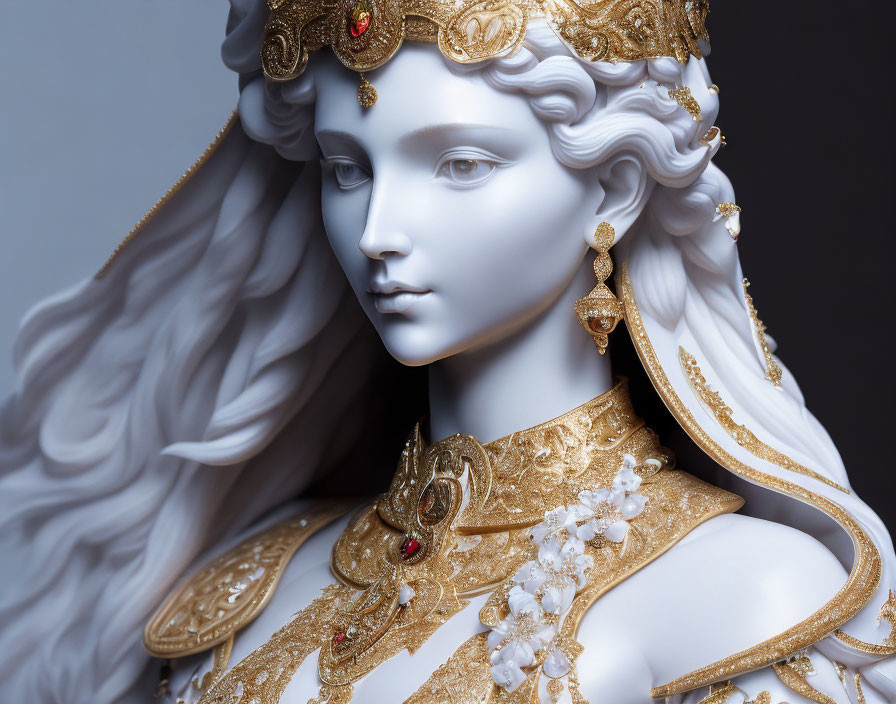 Regal character figure with gold headpiece, earrings, and floral armor on gray background