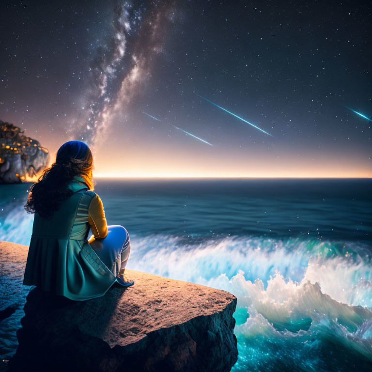 Person admires starry night sky over ocean waves on cliff edge