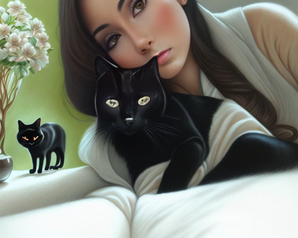 Woman with expressive eyes embracing black cats on the ground