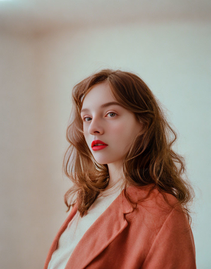 Young woman with wavy hair and red lipstick in beige top and rust blazer on neutral background
