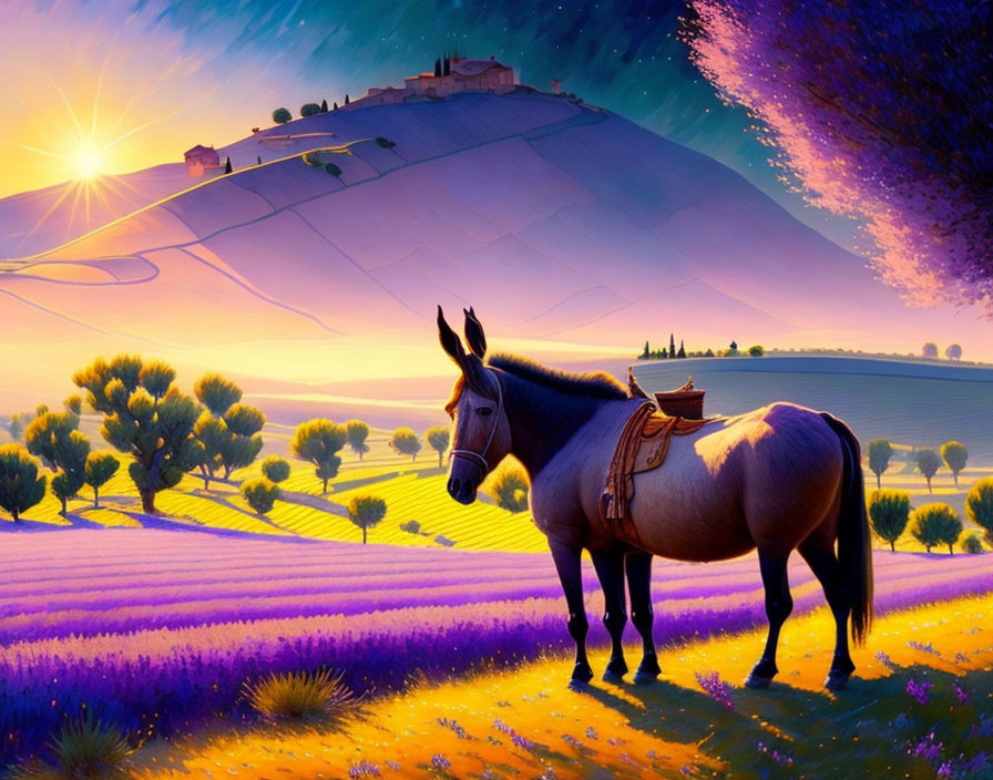 Donkey in Lavender Fields with Village and Twilight Sky