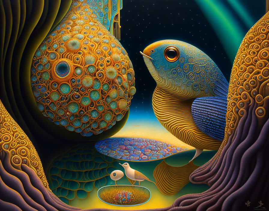 Surrealistic Painting: Stylized Fish and Bird with Intricate Patterns in Dreamlike Under