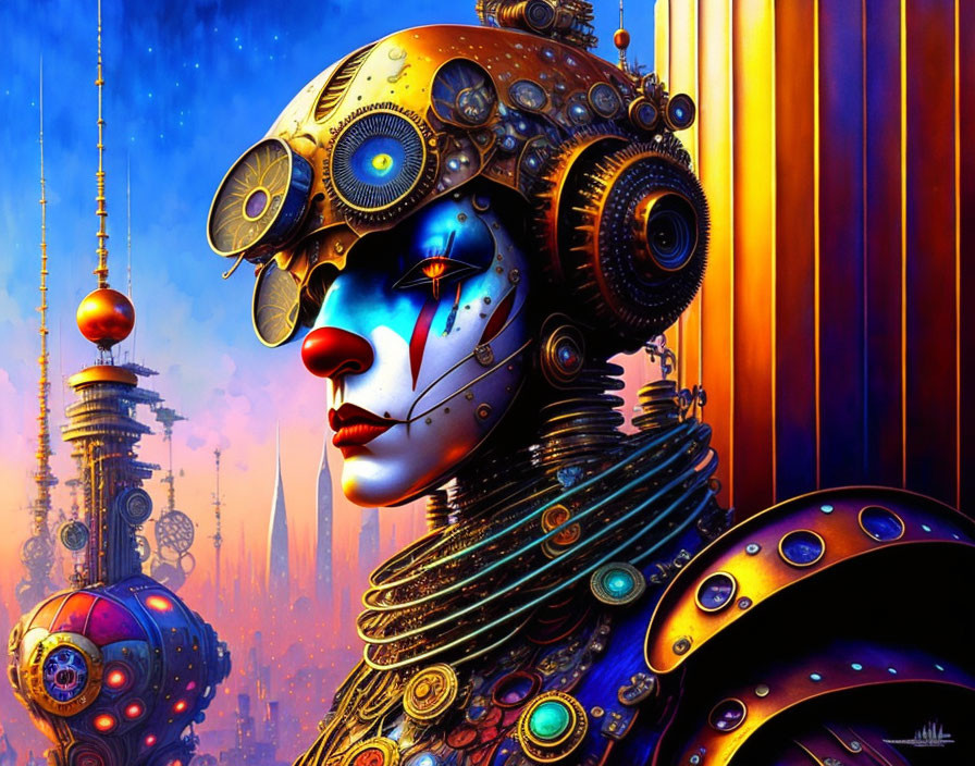 Colorful digital artwork of female figure with steampunk enhancements in futuristic setting