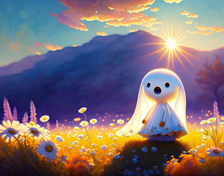 Cute ghost in flower-filled meadow with mountains at sunset