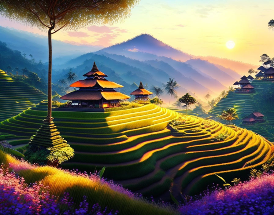 Tranquil sunrise over terraced rice fields and traditional huts