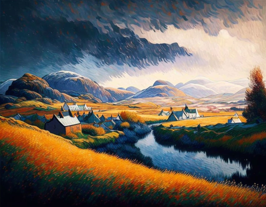 Colorful landscape painting with hills, river, houses, and dramatic clouds