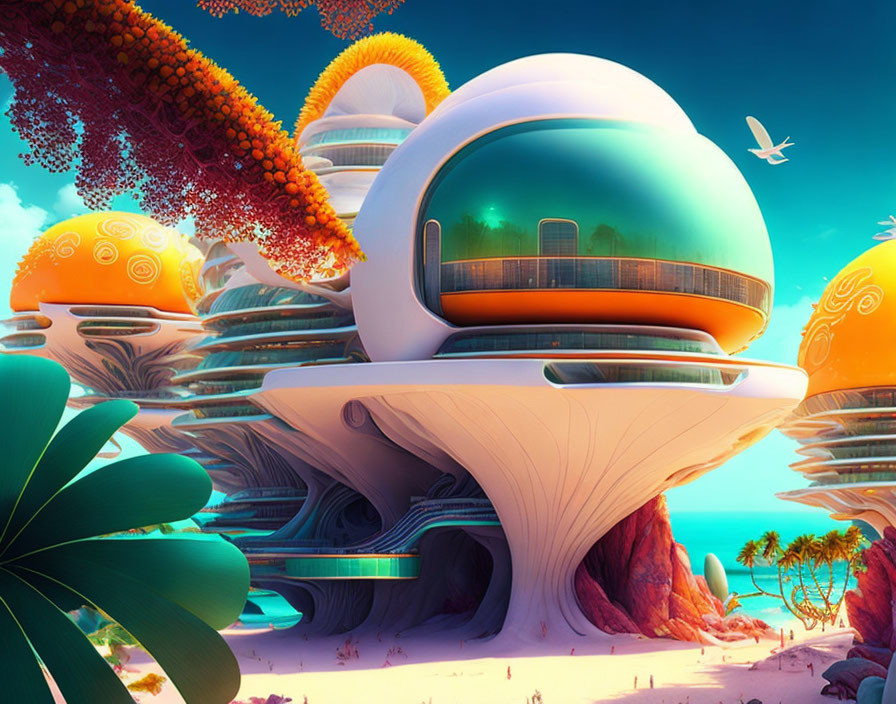 Futuristic landscape with organic architecture and alien vegetation