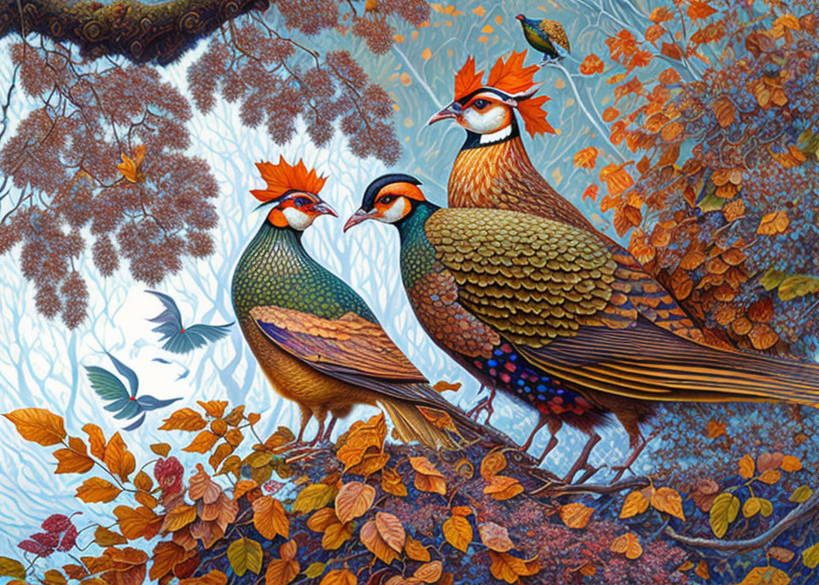 Colorful Pheasants in Autumn Forest with Detailed Foliage