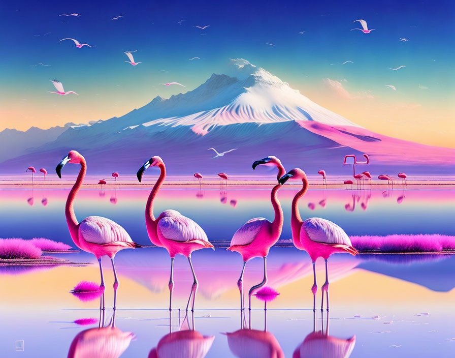 Flamingos at Reflective Lake with Snow-Capped Mountain and Colorful Sunrise Sky