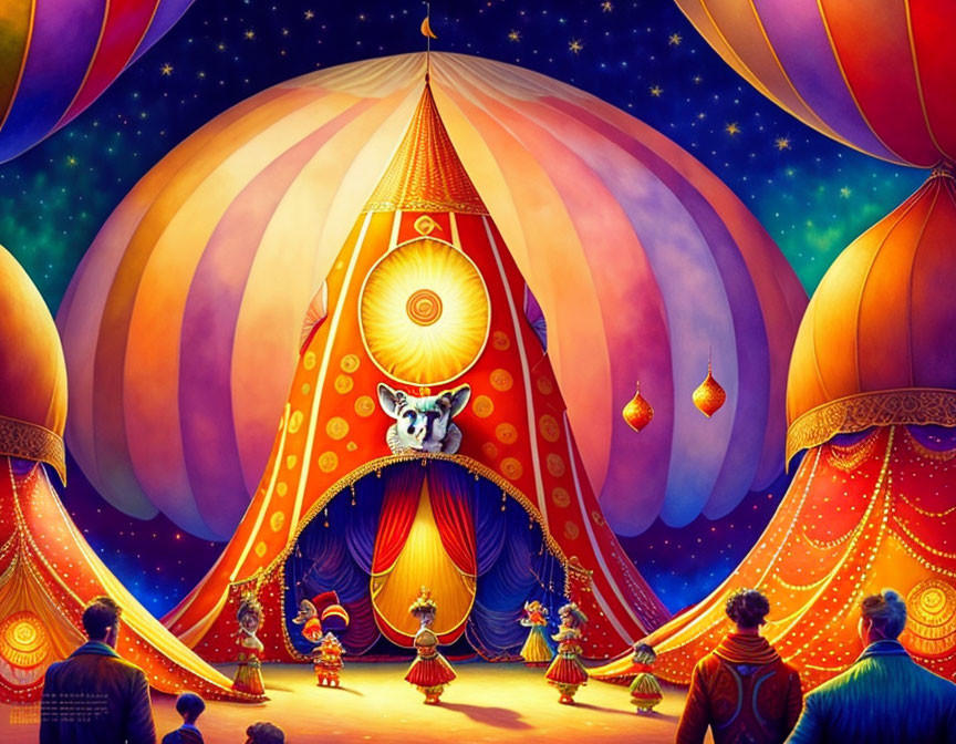 Colorful Circus Tent Interior with Spectators and Performers under Bright Lights