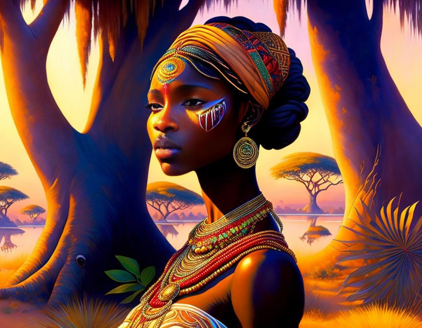 Colorful African Woman Portrait in Savannah Sunset Setting