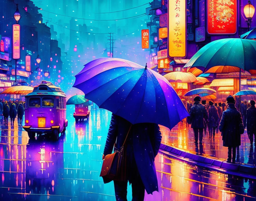 Rainy night city street scene with neon signs, umbrellas, and classic bus.