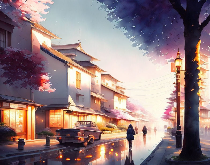 Traditional buildings, lanterns, vintage car, and cherry blossoms on picturesque dusk street