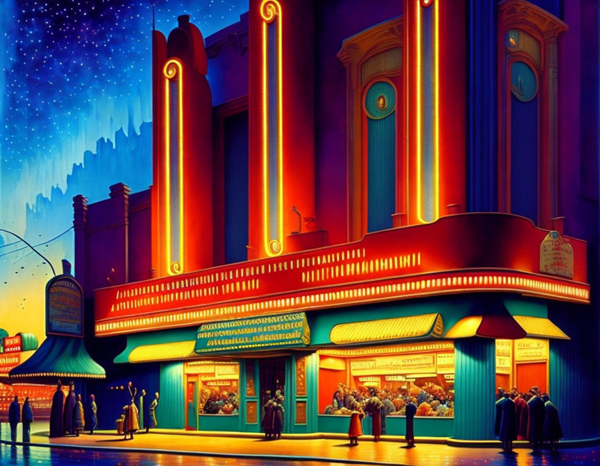 Colorful retro-style movie theater entrance at night with neon lights and starry sky