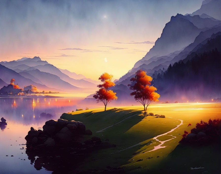 Tranquil sunset lake landscape with colorful trees and mountains