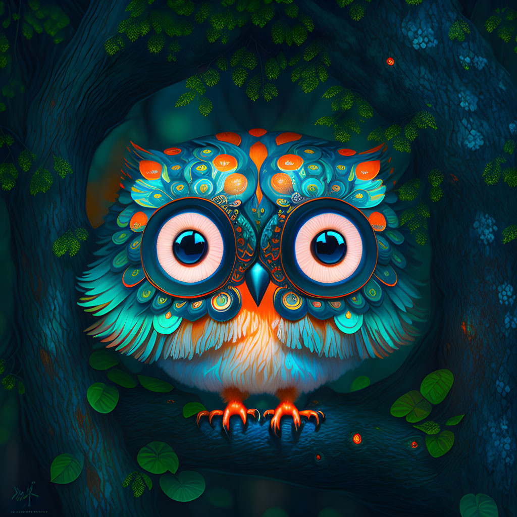 Vibrant stylized owl in enchanted forest at night