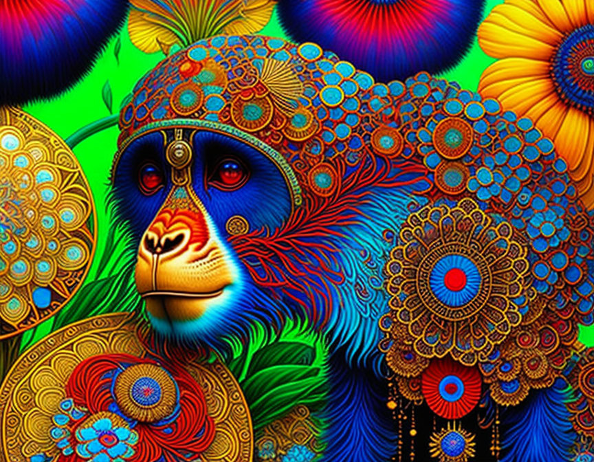 Colorful Monkey with Psychedelic Patterns on Neon Green Background