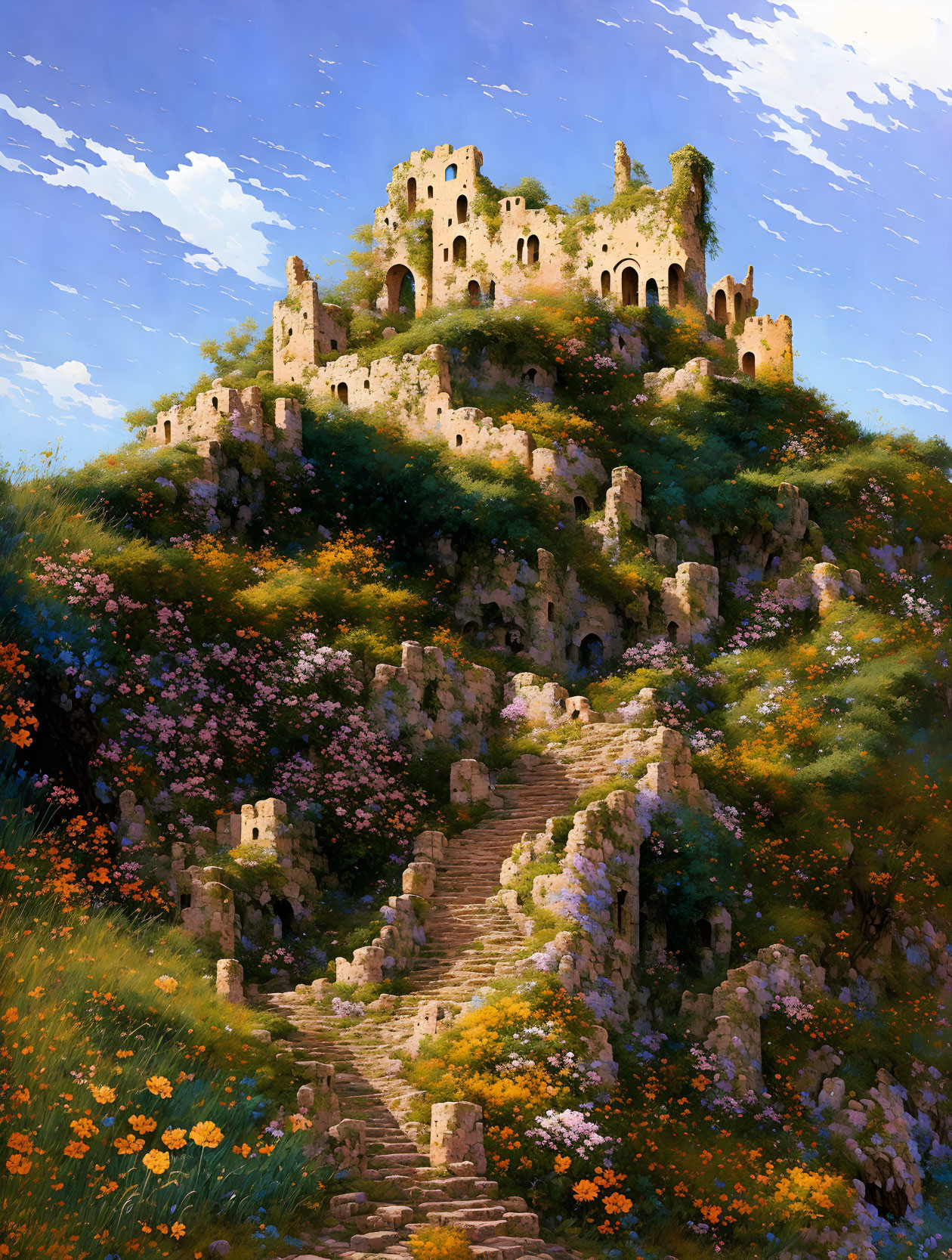 Ruined castle on flower-covered hill with stone staircase under blue sky