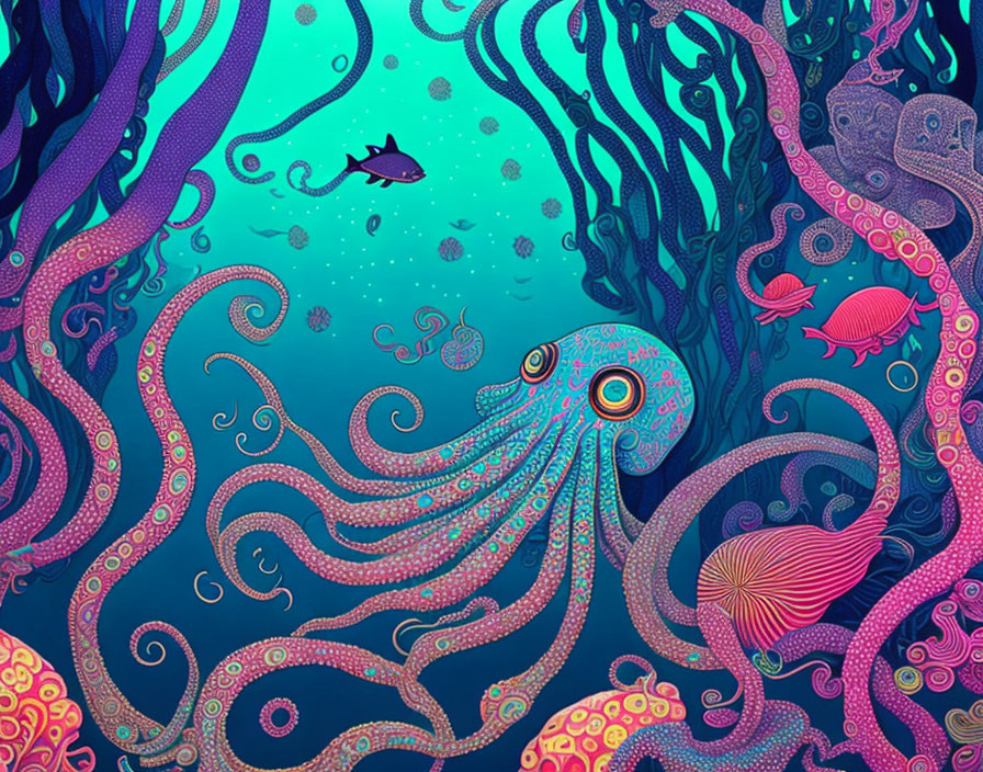 Detailed Underwater Octopus and Fish Scene with Vibrant Colors