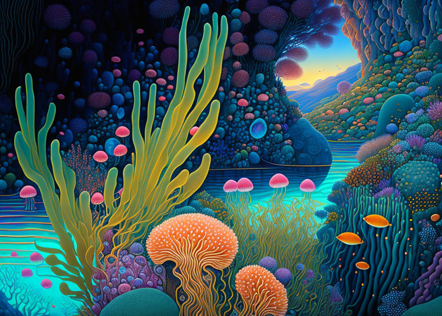 Colorful Underwater Coral, Algae, and Jellyfish Scene at Twilight