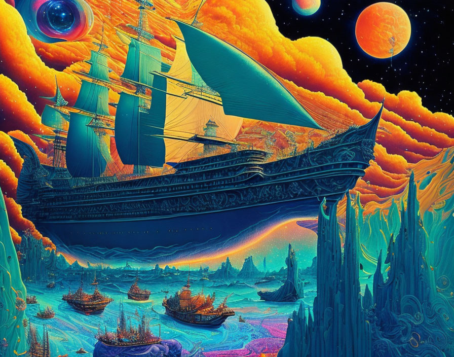 Grand ship sailing through vibrant orange sky with planets and stars.