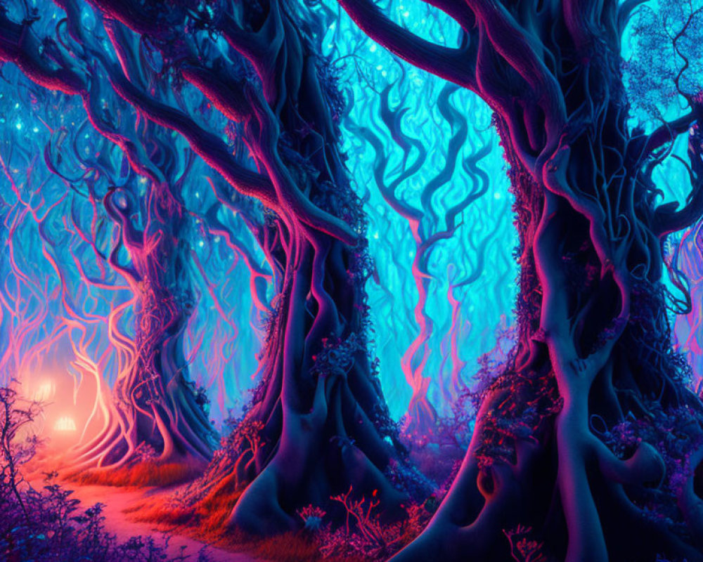 Ethereal forest with twisted trees and glowing lights