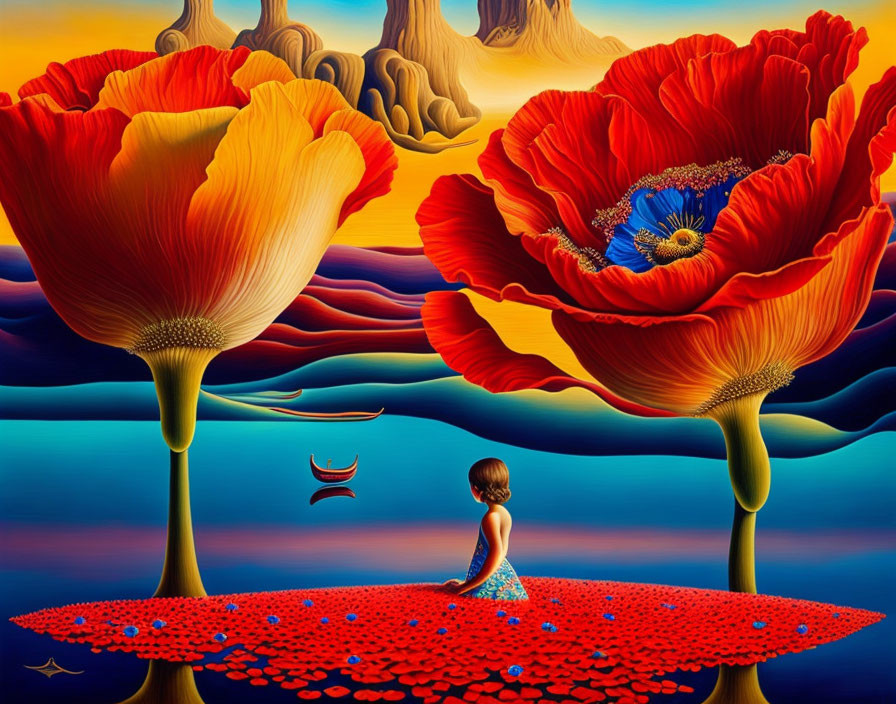 Colorful surreal landscape with small figure, poppies, petals, and undulating hills