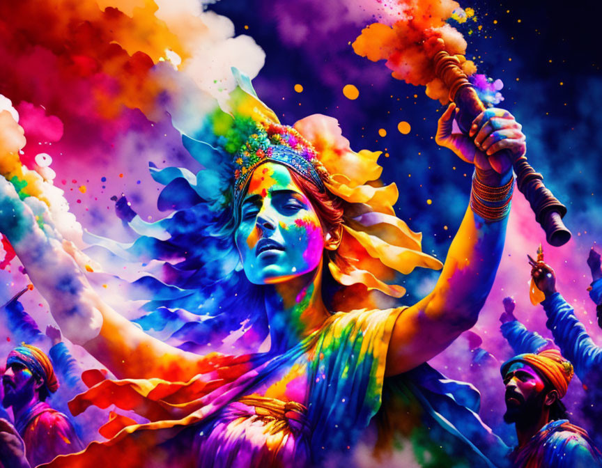 Colorful Holi celebration artwork featuring a woman in vibrant powders