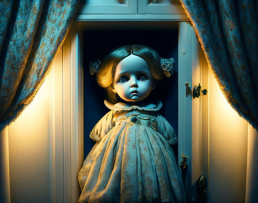 Porcelain doll with expressive eyes in dark cabinet under warm light