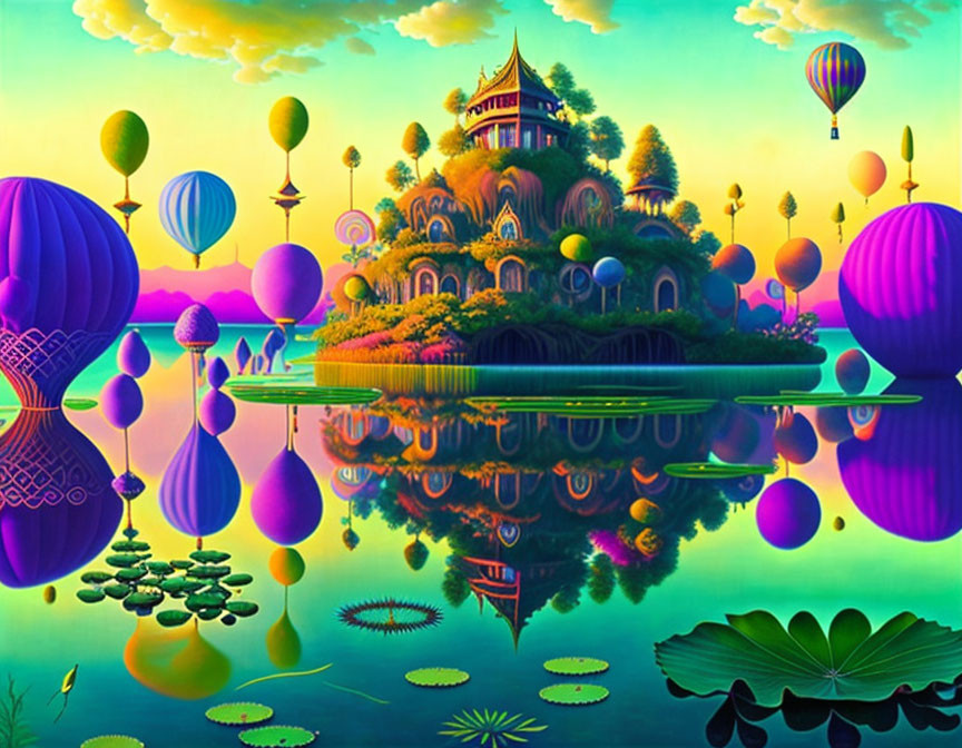 Colorful Island Landscape with Palace, Hot Air Balloons, and Reflective Lake