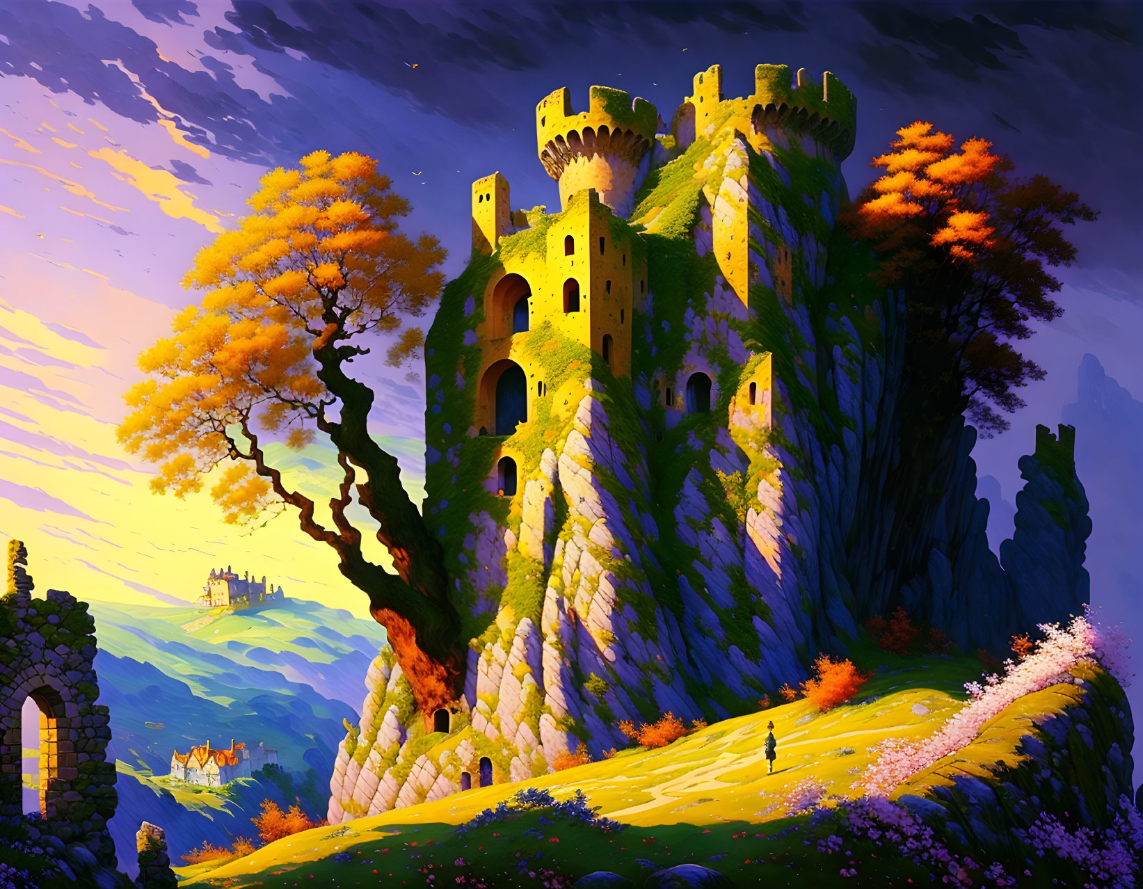 Majestic castle on craggy hill at sunset with vibrant trees