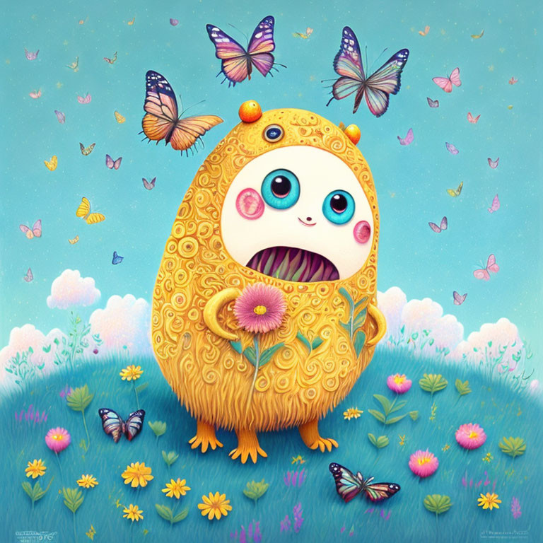 Yellow furry creature with big eyes holding a pink flower, surrounded by butterflies in a sky.