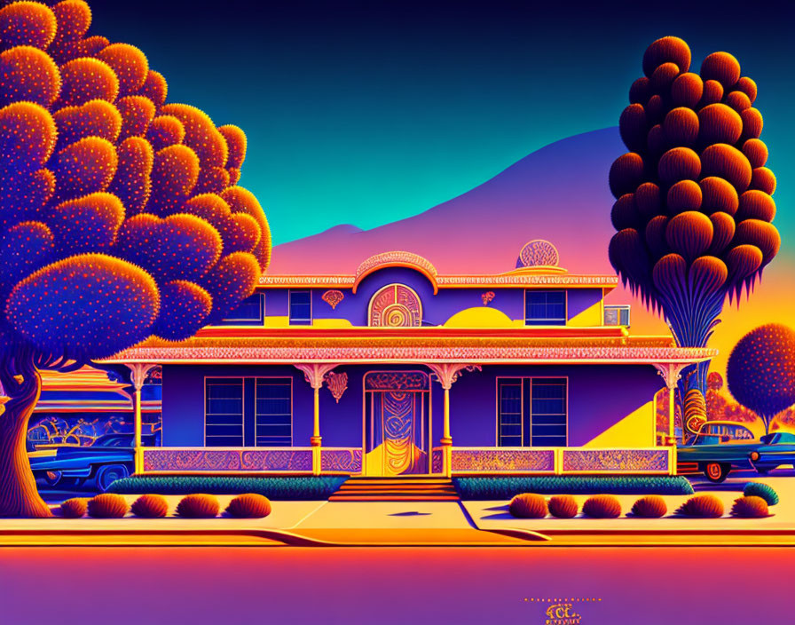 Vibrant surreal image: Purple and orange house, stylized trees, purple sky