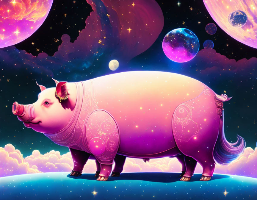 Colorful Stylized Pig Illustration Against Cosmic Background