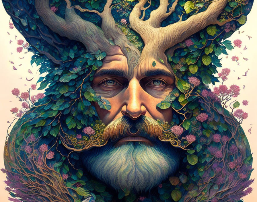 Detailed Illustration of Man with Beard and Antlers Entwined in Foliage