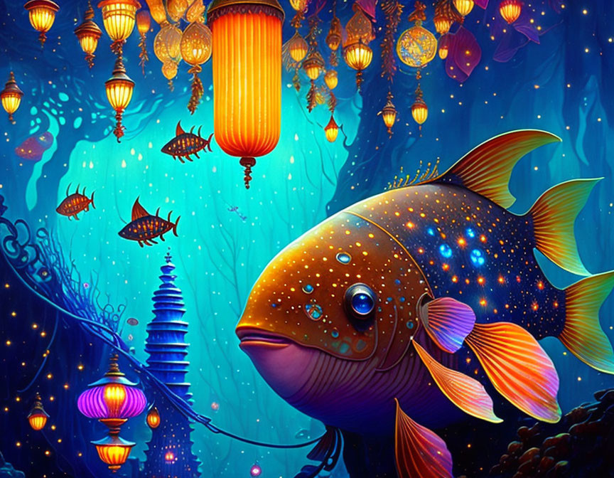 Colorful underwater scene with whimsical fish, lanterns, and pagoda in mystical blue light