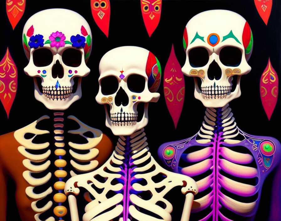 Colorful Dia de los Muertos-inspired human skeleton art on black background