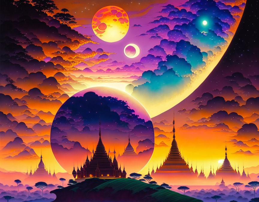 Fantasy landscape with oversized celestial bodies and ornate temples at dusk