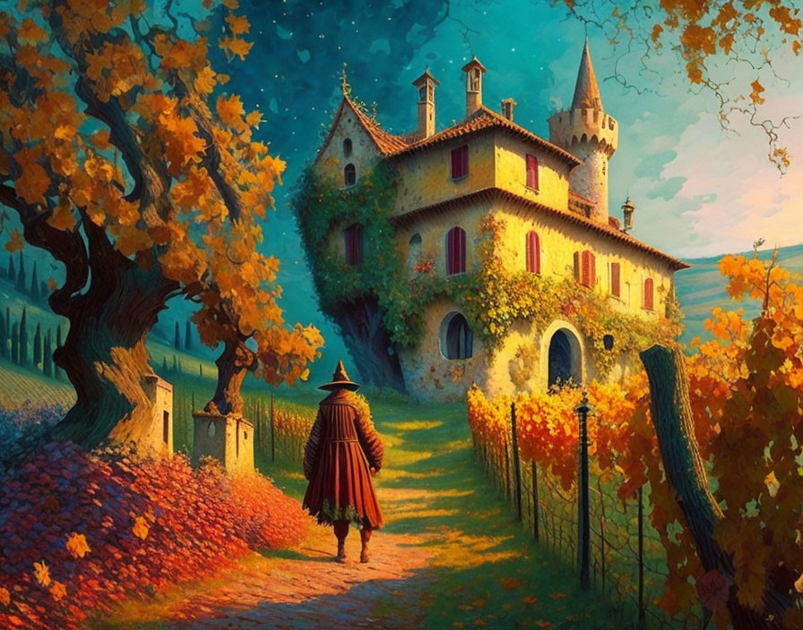 Person in red cloak walking to autumn castle under blue sky