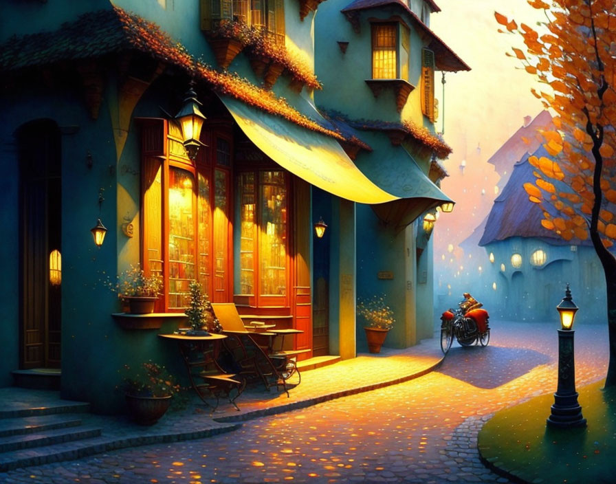 Warmly lit dusk street scene with shop lights, street lamps, bicycle, cobblestones, and